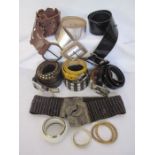 Assorted belts and a Bally enamel and metal bracelet (1 box)