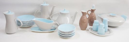 Extensive Poole pottery dinner and tea service, sky blue and dove grey glaze, 25 plates in various