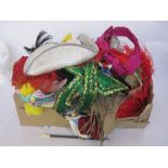 Assorted theatrical head dresses, hats, faux-fur, a fox stole and other vintage fur (3 boxes)