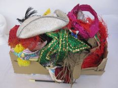 Assorted theatrical head dresses, hats, faux-fur, a fox stole and other vintage fur (3 boxes)