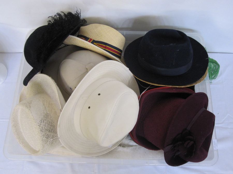 Assorted hats, mortarboards, parasols, vintage and theatrical (3 boxes)