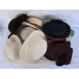 Assorted hats, mortarboards, parasols, vintage and theatrical (3 boxes)