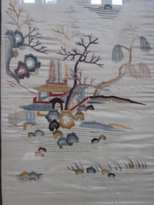 20th century Chinese embroidered silk panel, the beige ground depicting various landscape scenes, - Image 3 of 4