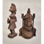 African Benin style carved hardwood bust of a woman wearing a headdress and collar, 32cm, a carved