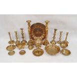 Quantity of assorted metalware including brass candlesticks, brass teapot, enamelled dish, etc