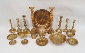 Quantity of assorted metalware including brass candlesticks, brass teapot, enamelled dish, etc