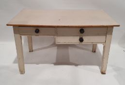 20th century desk with melamine top, above a base of three drawers, on white painted square