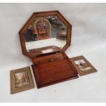 Victorian mahogany writing slope, a bevelled wall mirror in octagonal oak frame, a quantity of