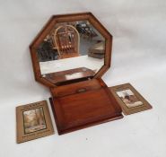 Victorian mahogany writing slope, a bevelled wall mirror in octagonal oak frame, a quantity of