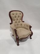Late 19th century mahogany-framed armchair with upholstered seat and back, carved shew frame