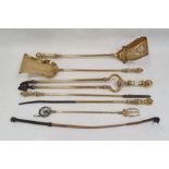 Copper warming pan, a four-piece set of brass firetools and various other items, brass fire guard