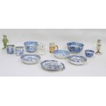 Blue and white transfer-decorated ceramics to include teacups, saucers, semi-china sugar bowl and