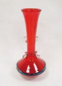A Murano Flavio Poli red and blue cased glass vase with twin handles 10"