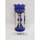 Victorian blue and white overlay glass lustre, having pointed scalloped edge, the top painted with