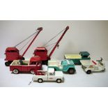 Two Tri-ang tinplate cranes, Tonka truck, jeep and 'Serv-I-Car' and two other trucks (1 box)