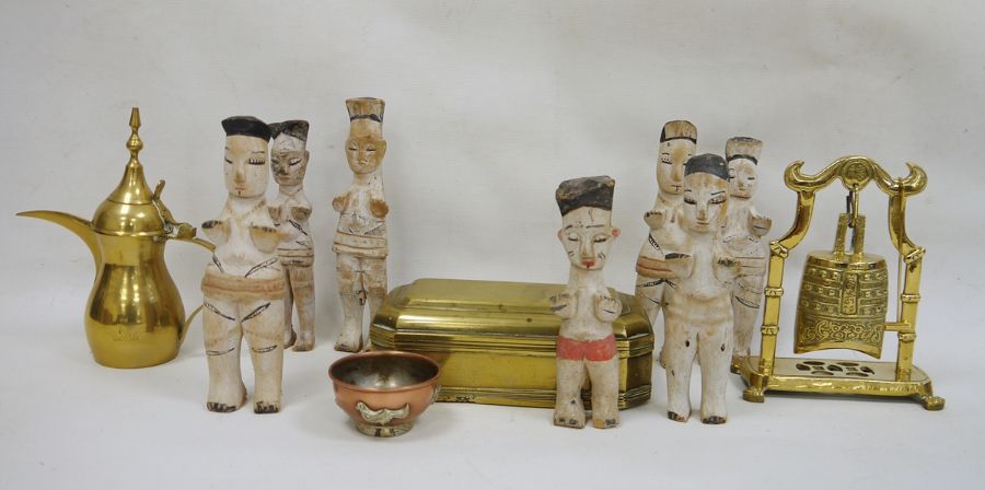 Eastern items to include Arabic brass coffee pot, Chinese bell, carved treenware figures, etc (1