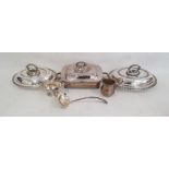 Silver plated two-handle vegetable dish and cover of rectangular form, two oval vegetable dishes and