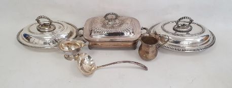 Silver plated two-handle vegetable dish and cover of rectangular form, two oval vegetable dishes and