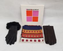 Silk square scarf in Saint Laurent box, two pairs of black leather gloves and one other item