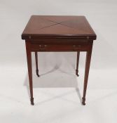 Late 19th/early 20th century mahogany and strung envelope card table on tapering supports to brown
