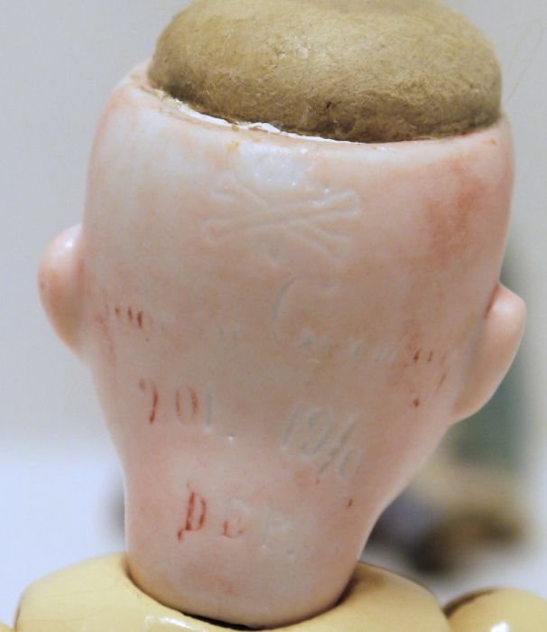 Miniature bisque shoulderhead doll with googly eyes, small German bisque-headed doll with jointed - Image 2 of 2