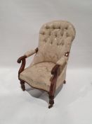 Late 19th century armchair with mahogany frame, upholstered seat and back, serpentine front, on