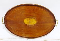 19th century mahogany and satinwood inlaid oval tea tray with two brass handles, 62cm wide