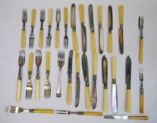 Set of Victorian ivory-handled and silver plated fruit knives and forks and various other flatware