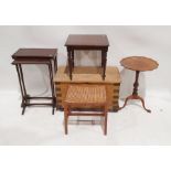 Vintage pine trunk on castors, a nest of two tables, an occasional table, a cane-seated stool and