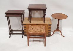 Vintage pine trunk on castors, a nest of two tables, an occasional table, a cane-seated stool and