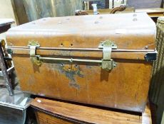 Dome-top tin trunk and two white painted stools (3)