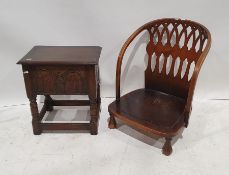 Early 20th century low chair and an oak lift-top stool on turned and block supports, stretchered