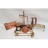 Pair of brass balance scales on rectangular mahogany base, a copper jelly mould, a brass trivet, a