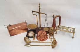 Pair of brass balance scales on rectangular mahogany base, a copper jelly mould, a brass trivet, a