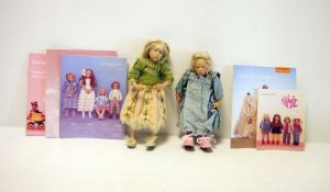 Two Annette Himstedt dolls, one in green net and floral applied dress, 26cm high and the other in