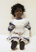 Simon & Halbig bisque headed mulatto girl doll, no.1079, in lace trimmed blue polka dot dress with