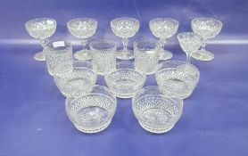 Five Stuart cut glass bowls, three Stuart cut glass tumblers, five cut glass champagne saucers