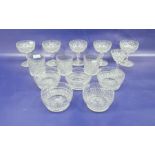 Five Stuart cut glass bowls, three Stuart cut glass tumblers, five cut glass champagne saucers