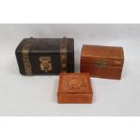 Victorian leather jewellery box modelled as a trunk with brass mounts and two further leather