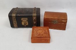 Victorian leather jewellery box modelled as a trunk with brass mounts and two further leather