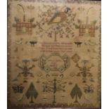 Early 19th century needlework sampler by Mary Senior, aged 13, 1823, depicting birds, houses, trees,