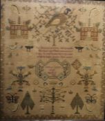 Early 19th century needlework sampler by Mary Senior, aged 13, 1823, depicting birds, houses, trees,