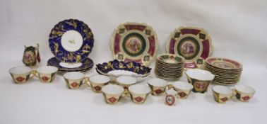Modern German part tea service decorated in the Vienna taste, four Victorian plates with blue ground