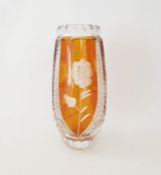 An Early 20th century Bohemian cut glass vase with amber coloured panels and etched floral