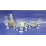 Six Webb Corbett cut sherry glasses, Victorian cut glass decanter, various stemware and two cut