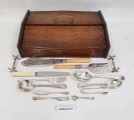 Oak cutlery box and contents including assorted silver plated flatware, knife rests, a pair of