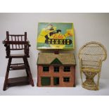 Dolls house, Palitoy table tennis, doll's chair, doll's high chair, small quantity of doll's house