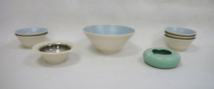 Royal Lancastrian set of five stoneware bowls, one larger, Royal Lancastrian small bowl and Royal