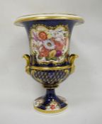 Large Coalport-style two-handled campana vase with gilded decoration over a blue ground, floral