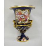 Large Coalport-style two-handled campana vase with gilded decoration over a blue ground, floral